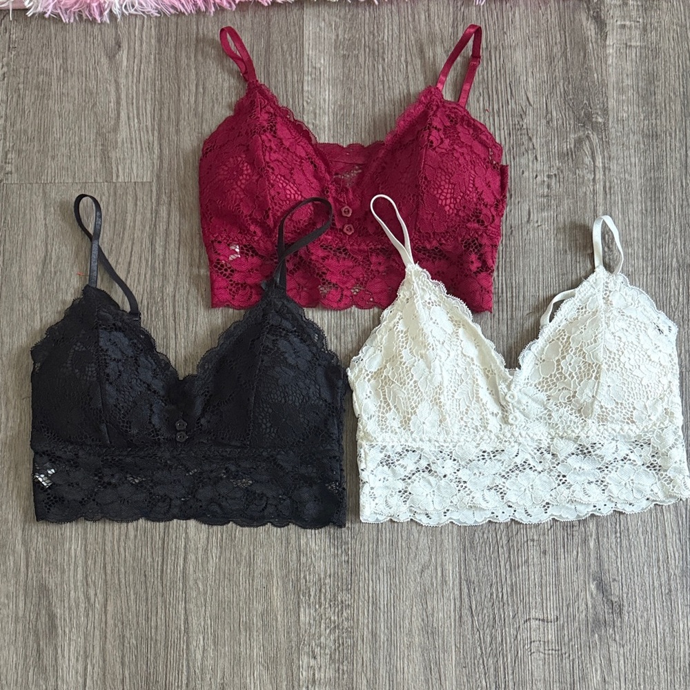 Elegant Lace Bralette Trio - Burgundy, Black, and Cream